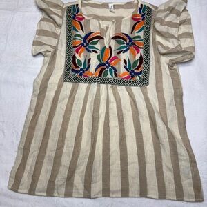 Boutique Size L Striped Beige Embroidered Women's Top